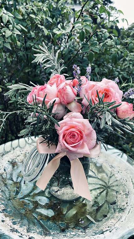 Garden roses & rosemary in a jar