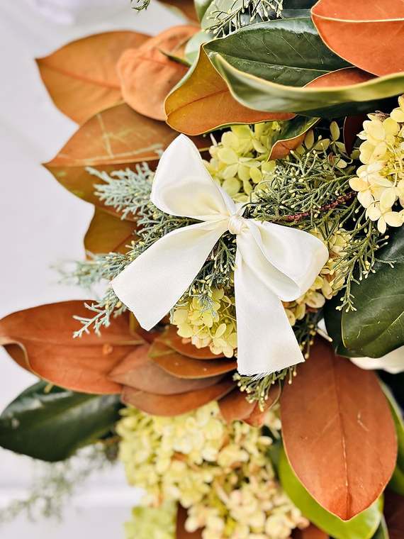 Magnolia & green hydrangea wreath, up close
