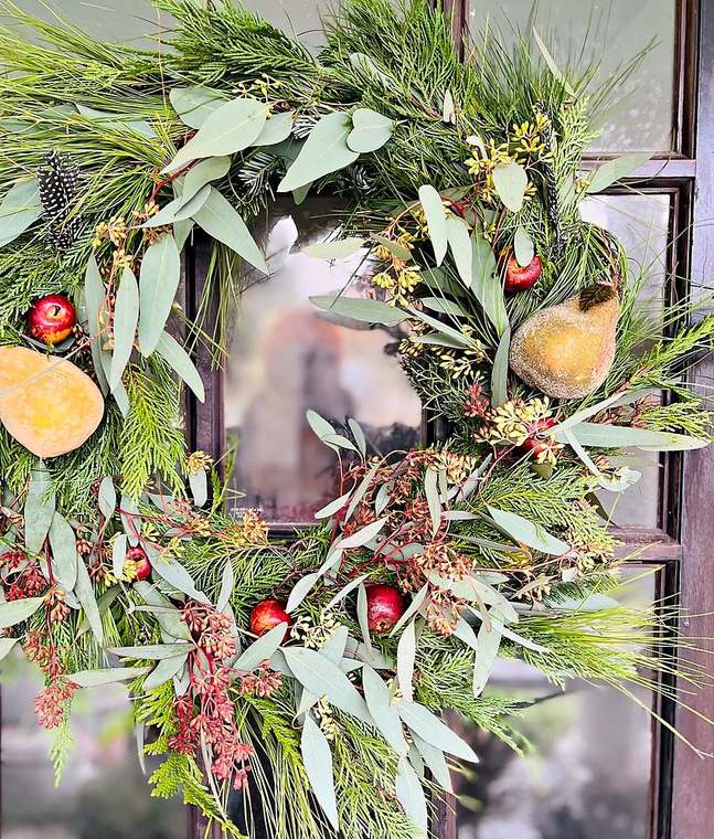 Eucalyptus, cedar & pine wreath with pears & apples
