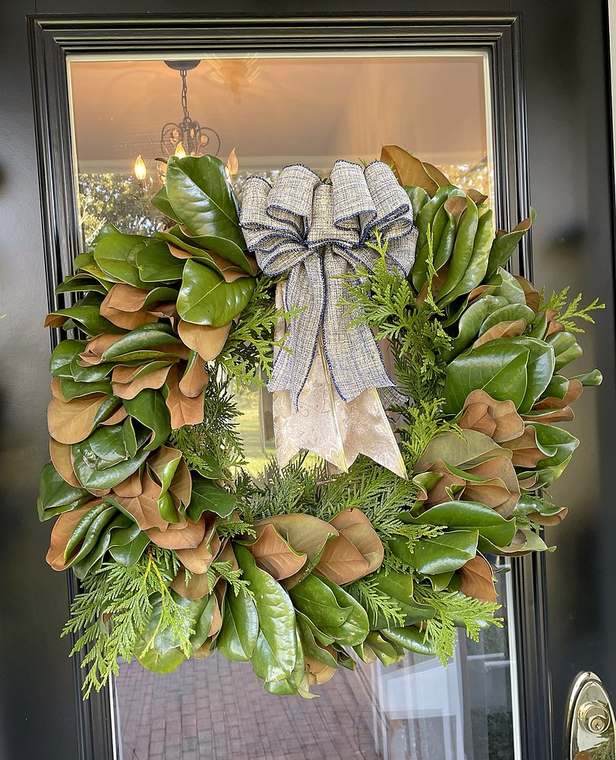 Magnolia & cedar wreath with a linen bow